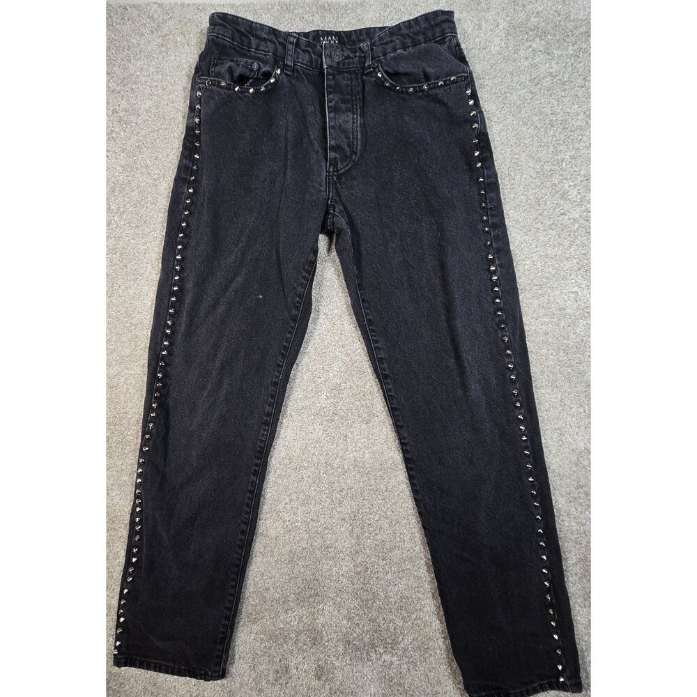Boohoo Man Black Studded Slim Fit Button Fly Denim Jeans Punk Gothic Men's 30